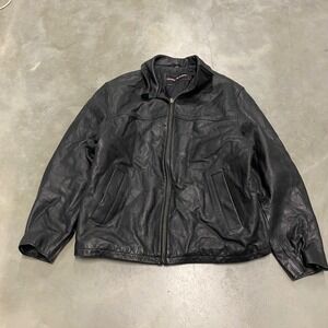 Charles Klein Mens Black Leather Bomber Jacket Full Zip Quilted Lined Large